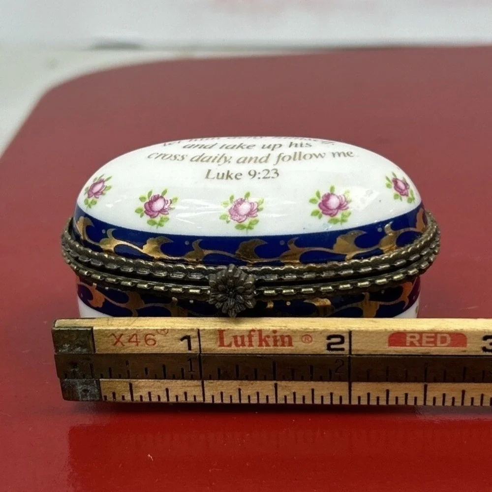 Imperial‎ Porcelain Trinket Box Luke 9:23 Religious Hinged Bible Verse Gold